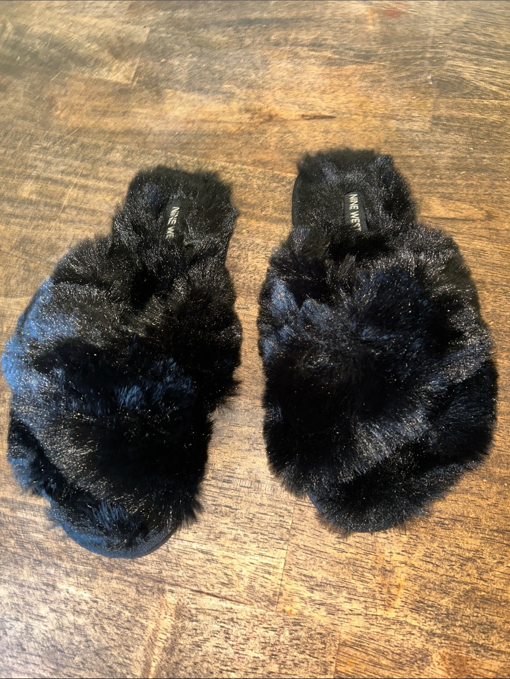 Nine West Black Faux Fur Slide Sandals